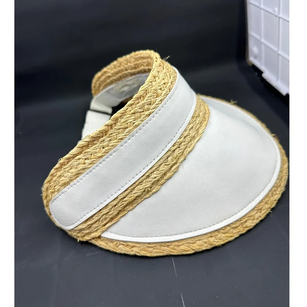 Anthropologie Straw Visor Women OS White Natural Tan Woven Sun Hat Adjustable